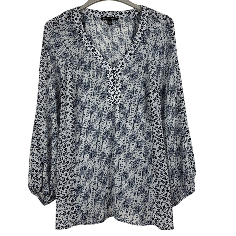 Zac & Rachel 3/4 Sleeve Blouse Peasant Blouse Womens Size XL Blue White Floral‎
